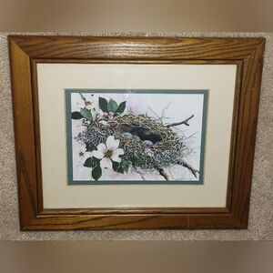Framed Bird Nest Artwork with Flowers
